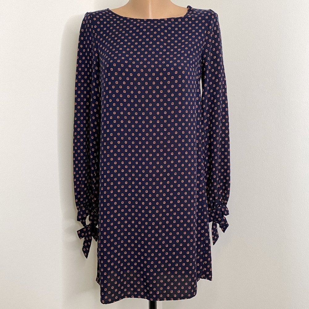 H&M Navy blue Cross Pattern Shift Dress w/ long tie sleeves sz 4 Vintage Retro - Picture 3 of 8
